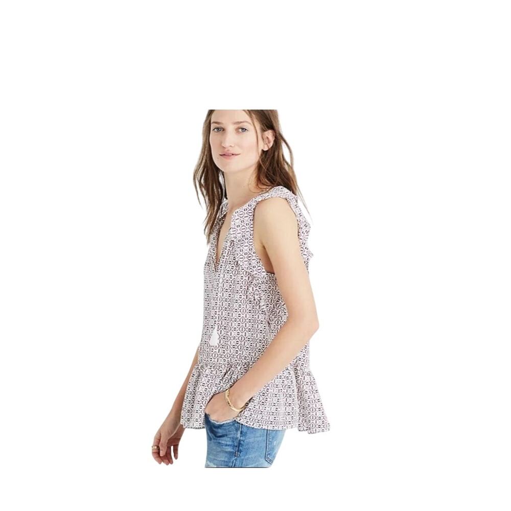 Madewell Lily Ruffle Top XXS Echo Grid Print 100% Silk Sleeveless Tassel Blouse